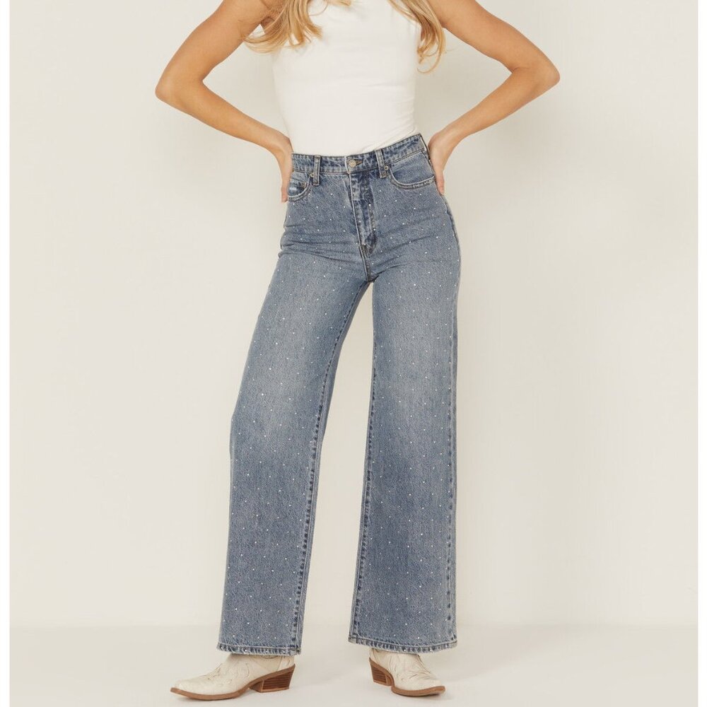 Women s Far Out Medium Wash High Rise Studded Wide Leg Denim Jeans Rhinestone